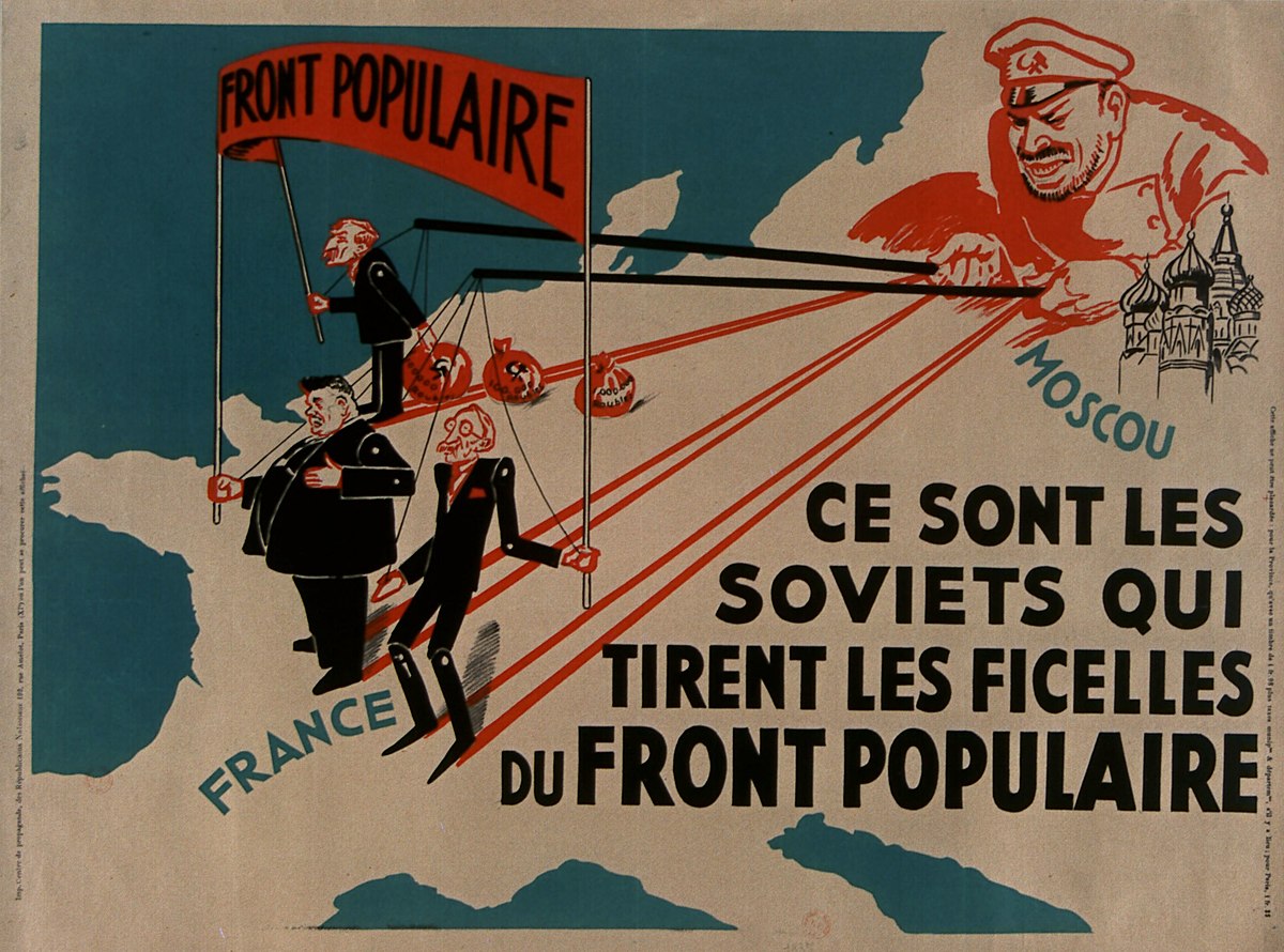 Right-wing propaganda depicting the Popular Front as controlled from Moscow,