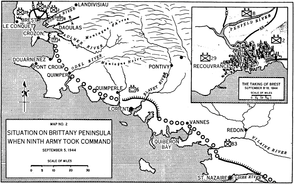 Situation on Brittany Peninsula when Ninth Army took command. 