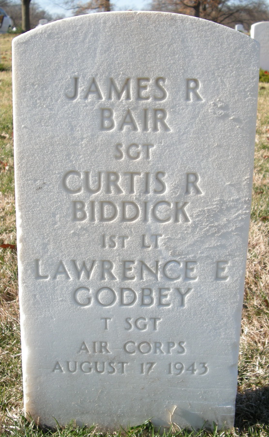 Headstone for Sgt. James Bair, Lt. Curtis Biddick, and Sgt. Lawrence Godbey.