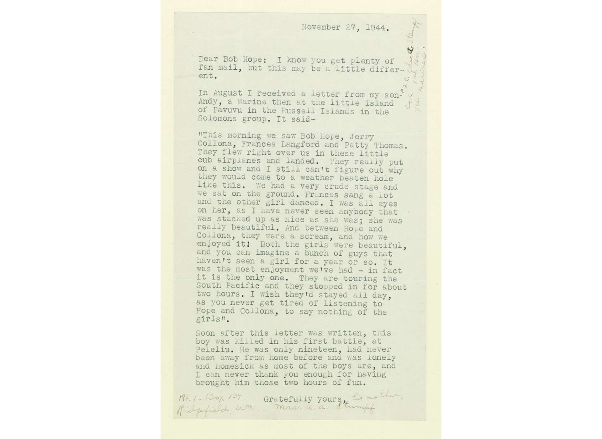 Letter to Bob Hope from Mrs. A. A. Stumpf