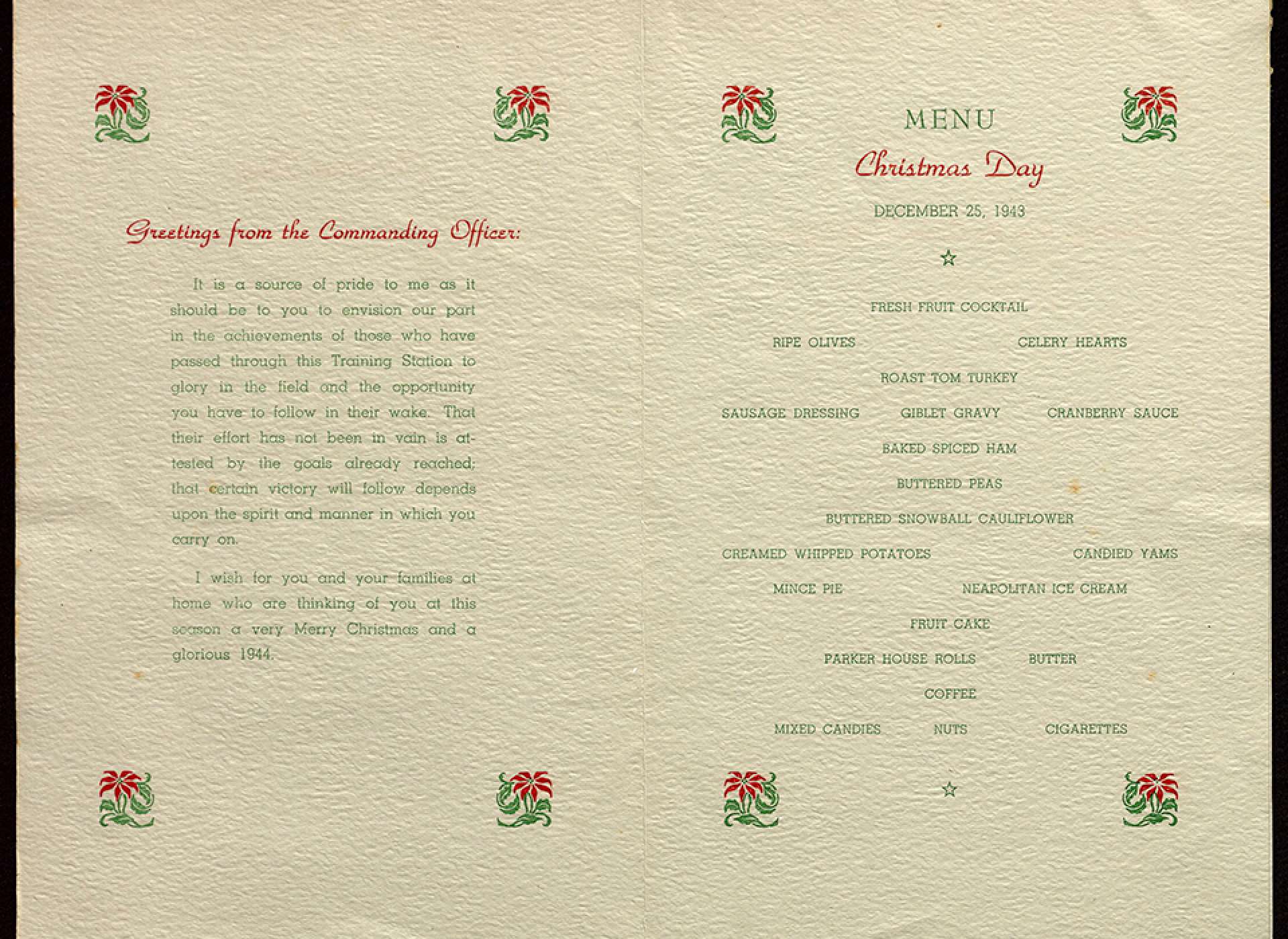 1943 Christmas Menu from the US Naval Training Station, San Diego. Gift of Suzanne Davis Gillespie, 2008.215.010