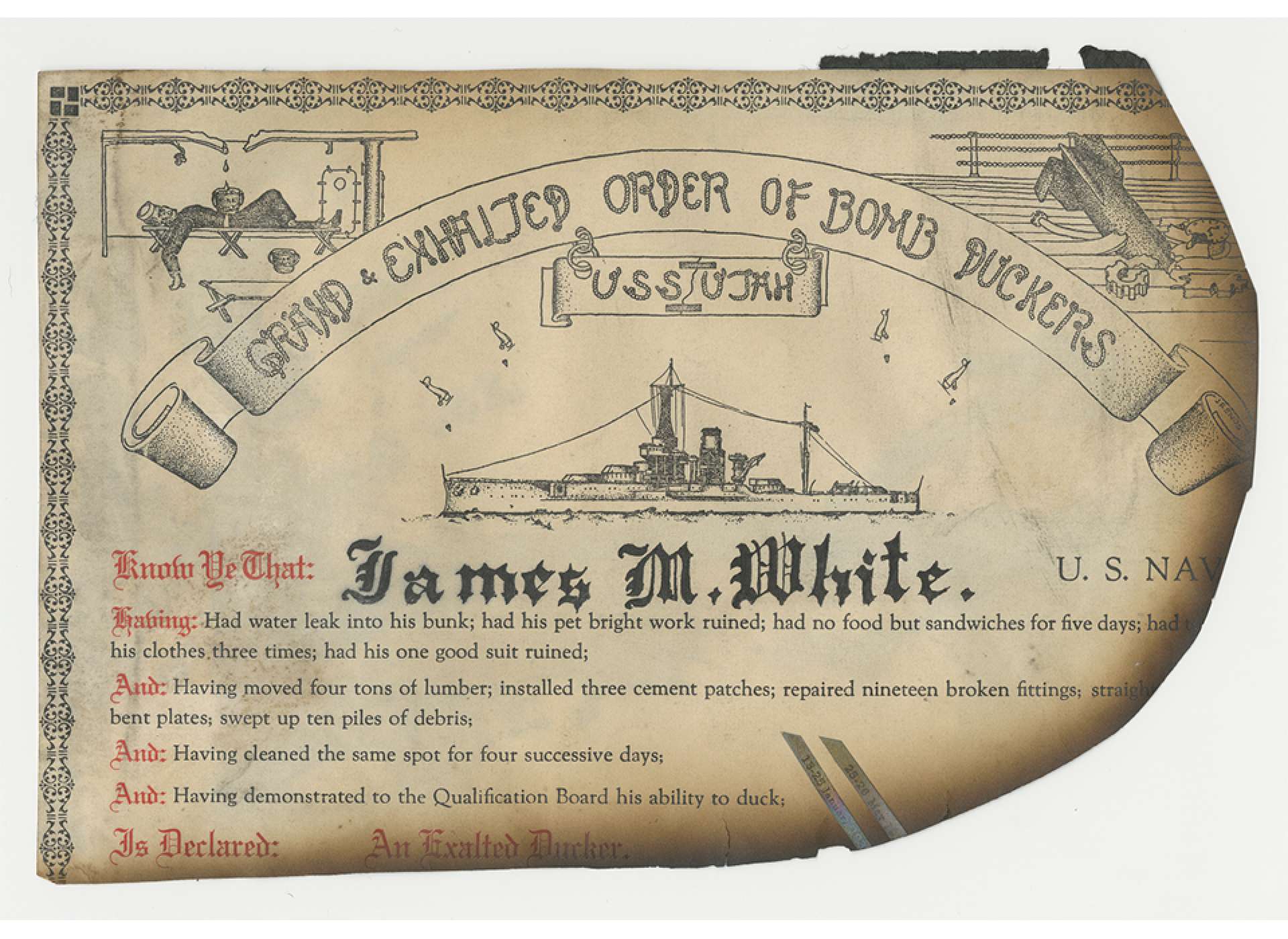 James White’s damaged Bomb Duckers certificate