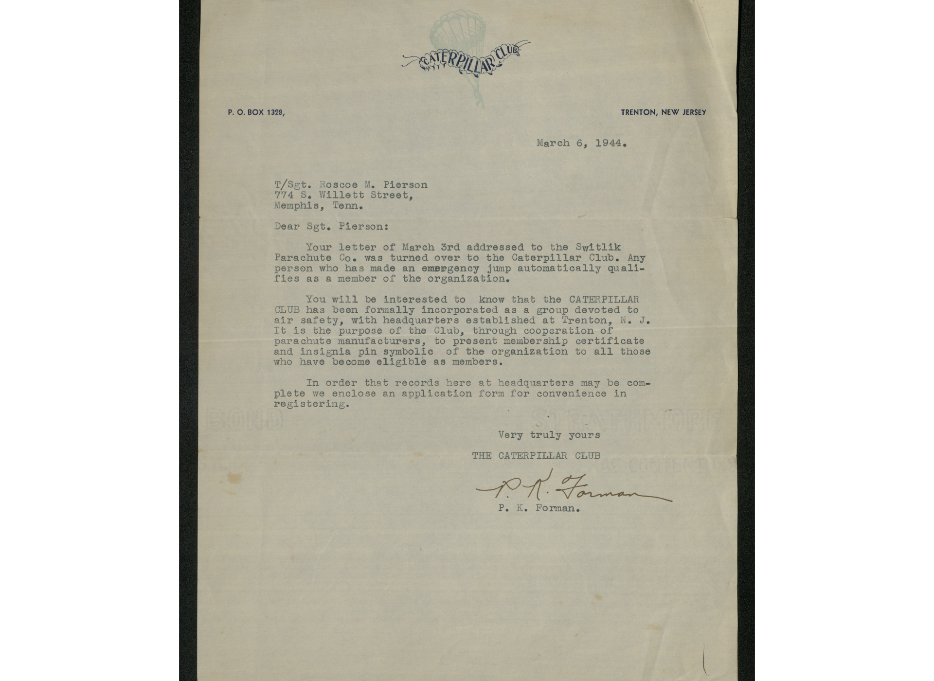 Membership letter of Technical Sergeant Roscoe Mitchell Pierson. 