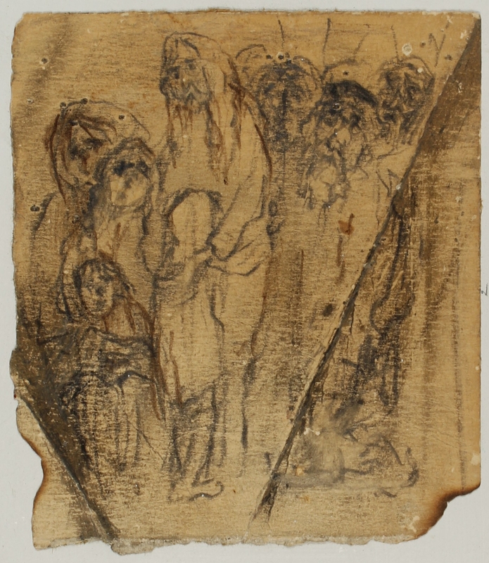 Drawing by Halina Olumucki of people waiting in line in the Warsaw Ghetto