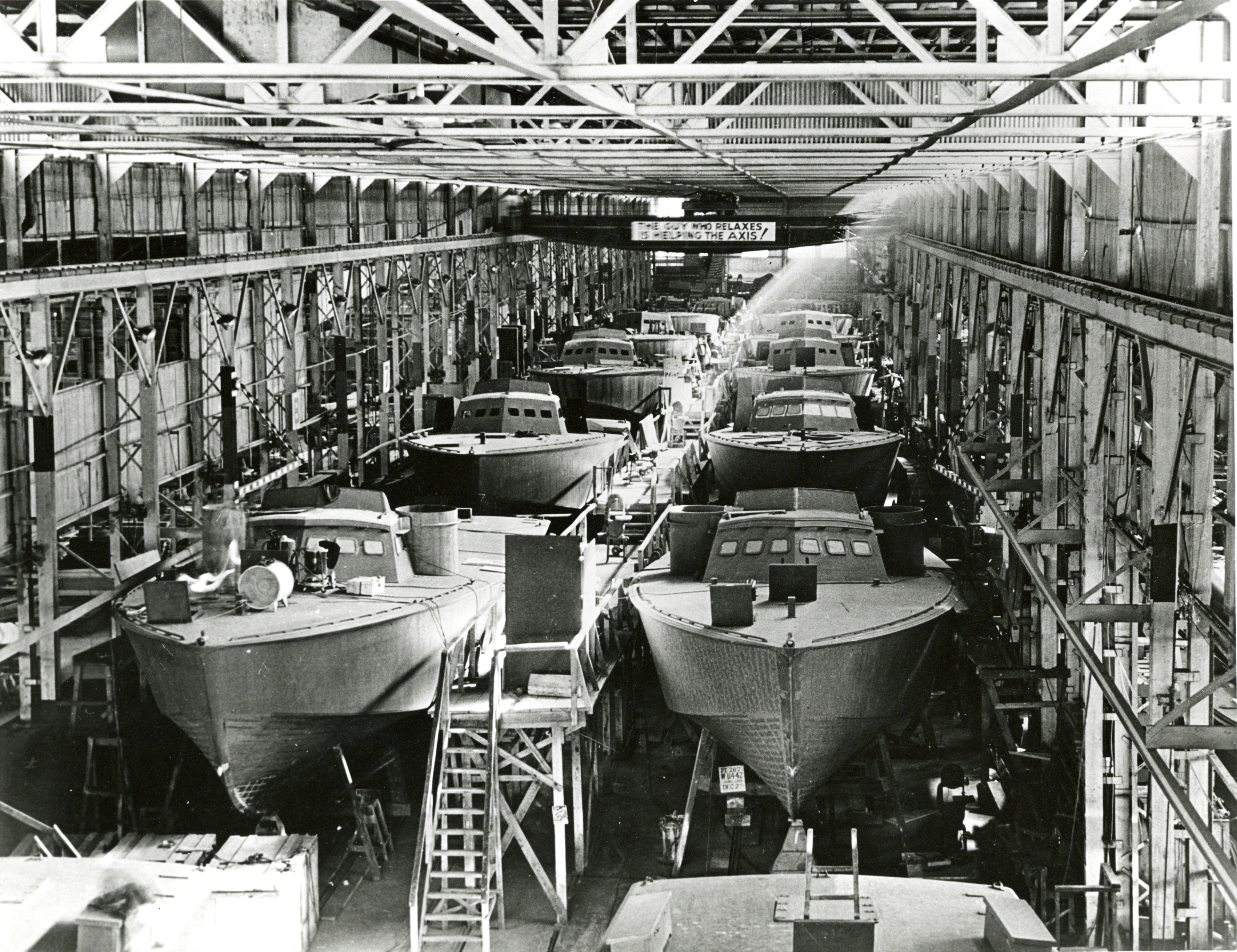 VIEW OF A HIGGINS BOAT ASSEMBLY LINE IN LOUISIANA