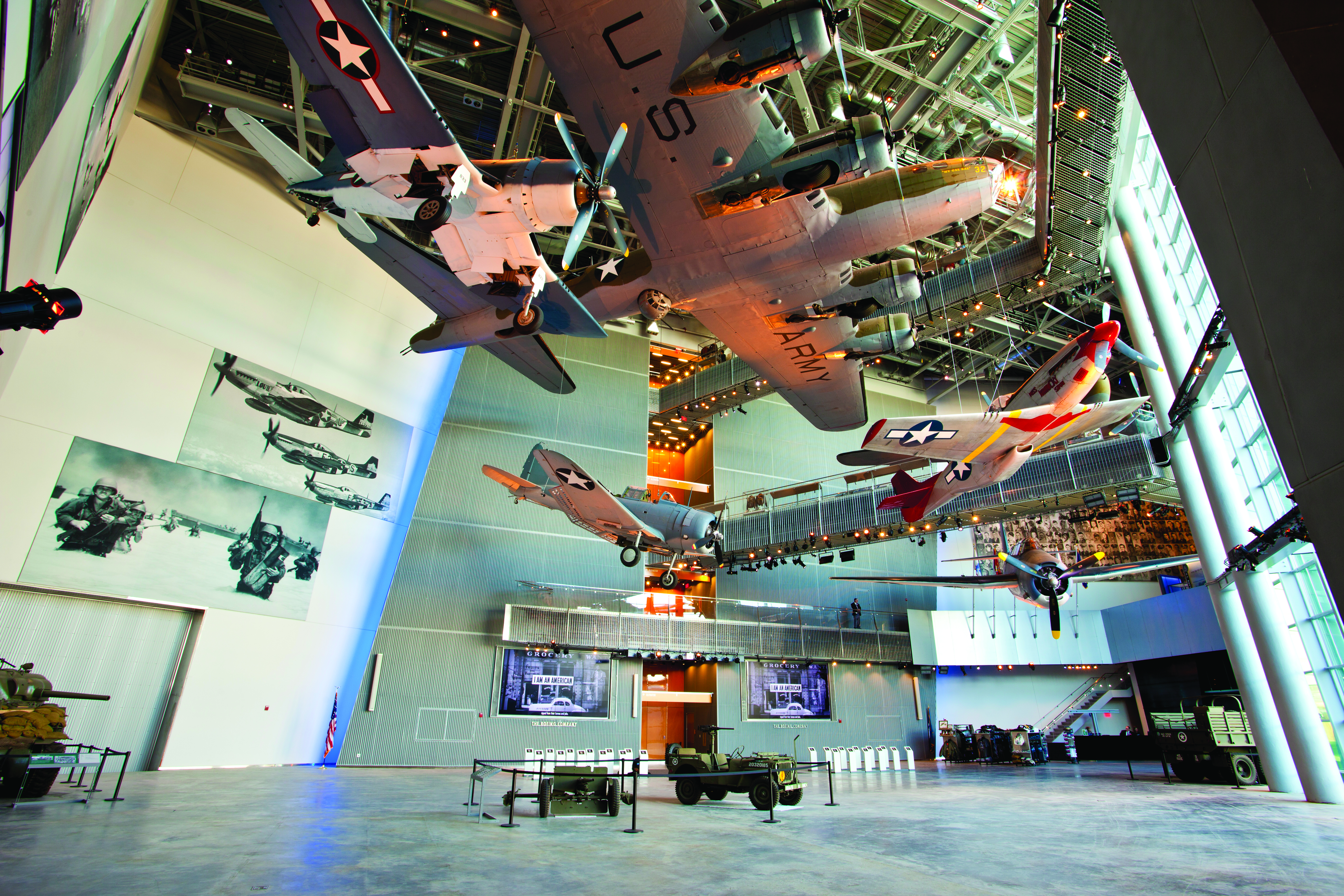 National WWII Museum interior with hanging airplanes