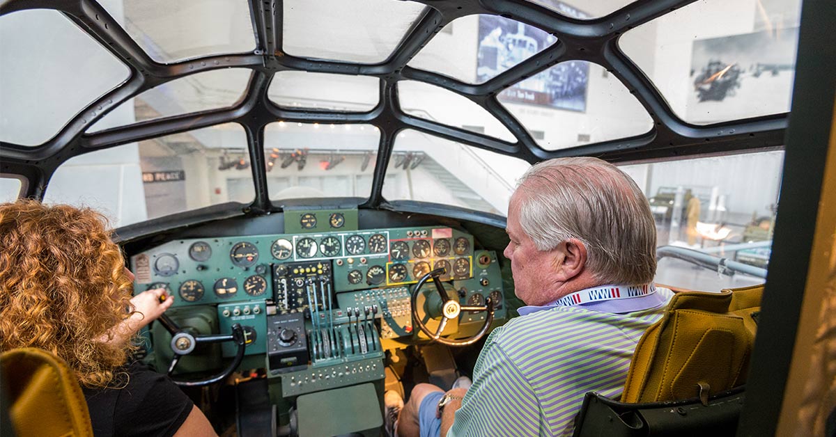 View from inside the cockpit of a plane at the National WWII Museum