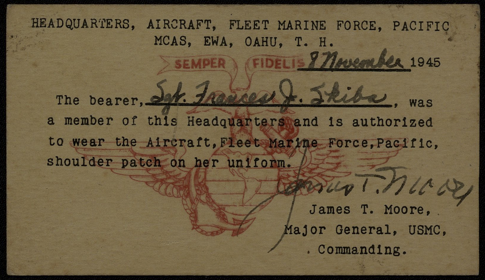 Item from the service of Sergeant Frances Hoffmann (née Skiba), who was a member of the Marine Corps Women&#039;s Reserve (MCWR) in the Pacific Theater of Operations