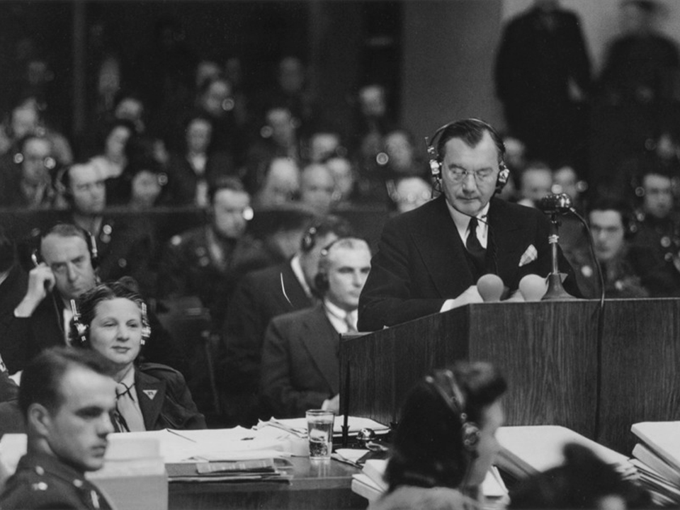 Hjalmar Schacht on the Stand, IMT, Nuremberg Germany, 1945-1946