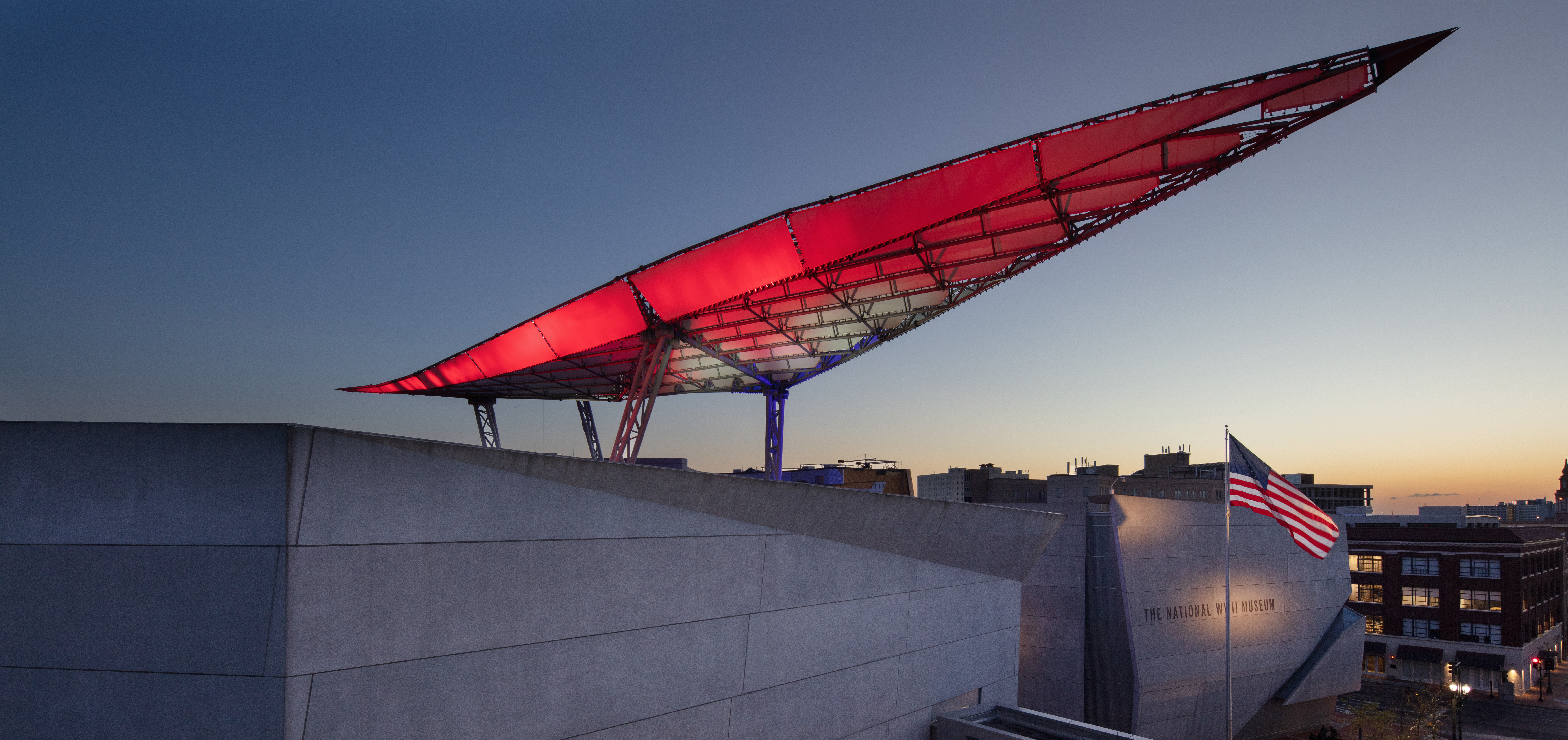 Canopy of Peace with red, white and blue lights at National WWII Museum