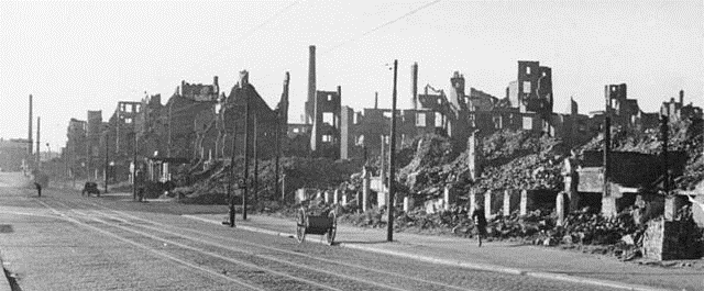 Burnt out suburbs of Hamburg after the American and British bombing raids in late July 1943. No areas of the German town remained unscathed. 