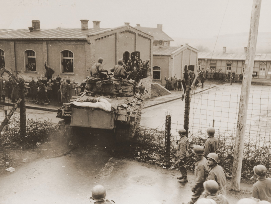 An M4 medium tank of the 47th Tank Battalion, 14th Armored Division crashes into the prison compound at Oflag XIII-B, 6 April 1945—two weeks after the failed Task Force Baum raid. United States Holocaust Memorial Museum, courtesy of National Archives and Records Administration, College Park, MD