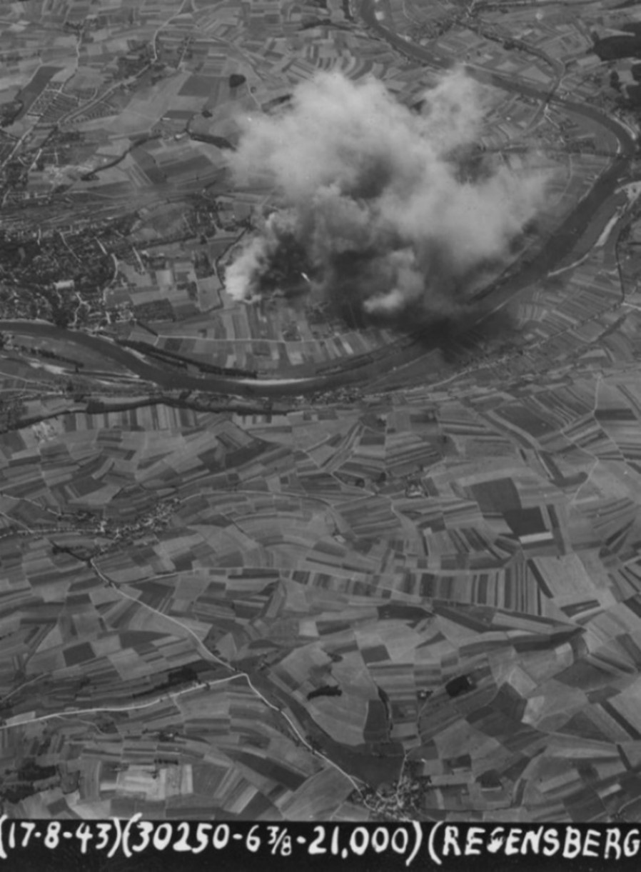Strike photo of 3rd Air Division’s raid on the Regensburg aircraft factory