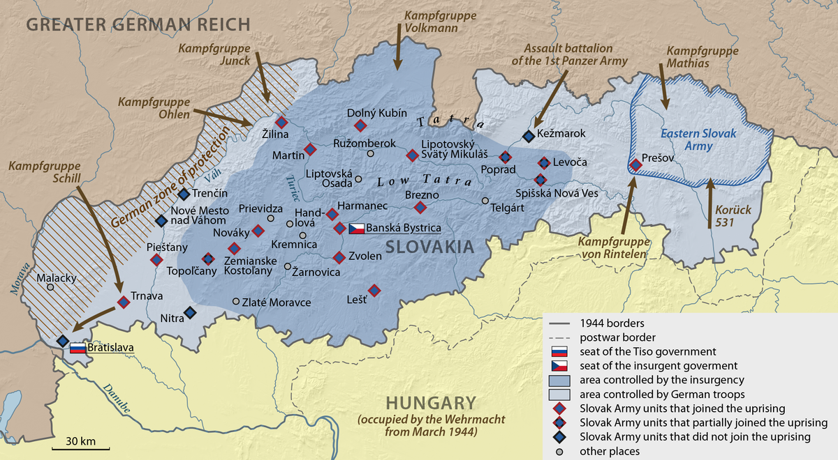 Map of the Slovak National Uprising in its first days. 