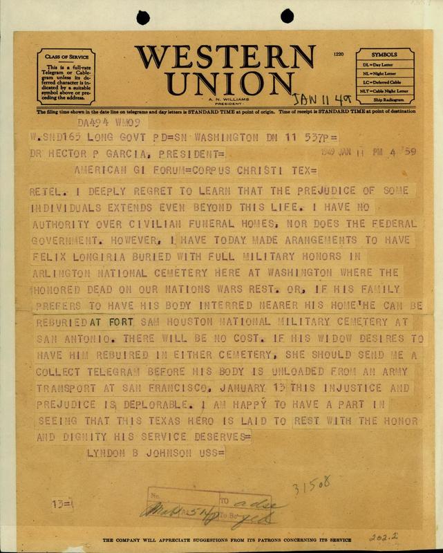 Senator Lyndon Johnson’s telegram condemning racial prejudice
