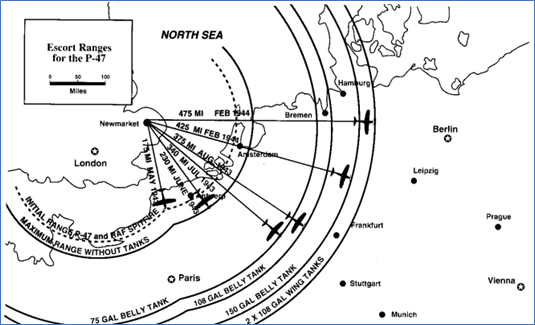 P-47 escort ranges during the initial phases of the Eighth US Air Force strategic bombing campaign