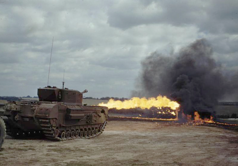 A Churchill tank fitted with a Crocodile flamethrower in action.