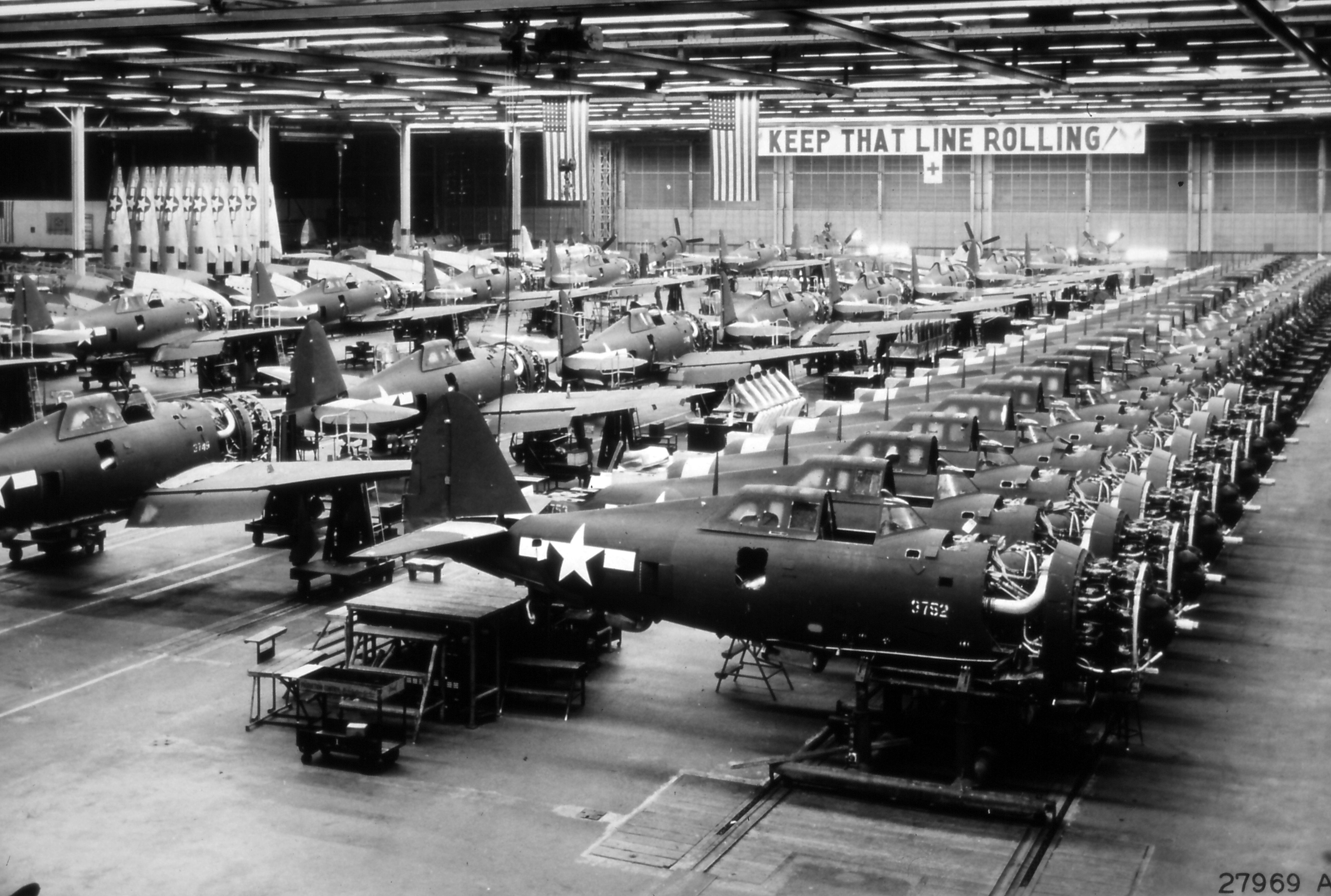 New P-47 fuselages await their turn to receive their wings