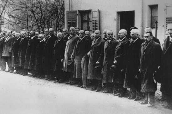 Jewish men arrested in Baden-Baden after the Night of Broken Glass and about to be sent to Dachau Concentration Camp,