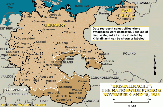 Map showing the extent of Kristallnacht