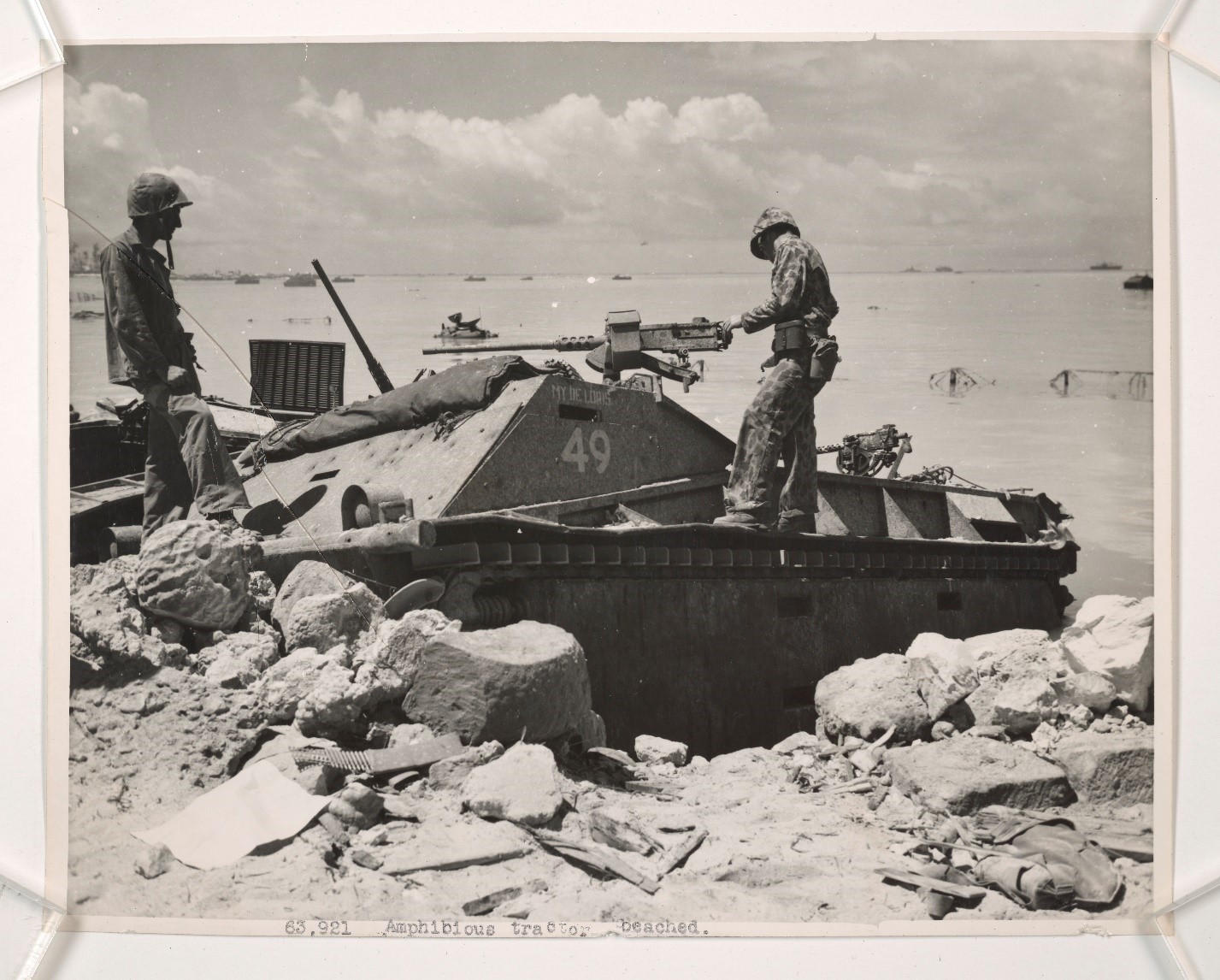 Disabled amphibious tractors at the junction of Red Beach #1 and #2, Betio, Tarawa Atoll.