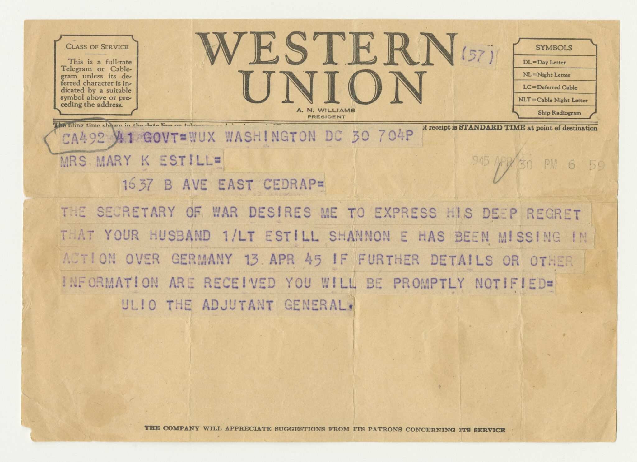 Telegram announcing MIA status of 1st Lt. Shannon Estill. Gift of Dr. Sharon Taylor, 2019.185