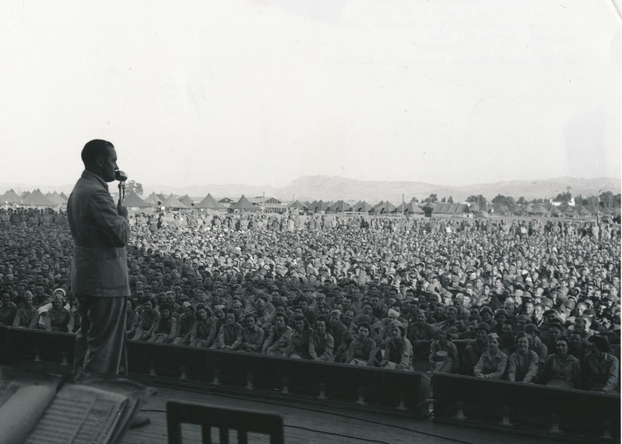 Bob Hope performing in North Africa in 1943. Courtesy of the Bob &amp; Dolores Hope Foundation.