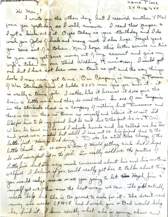 Letter from James Killion, Jr. to his mother Lottie. Gift of the Killion Family.