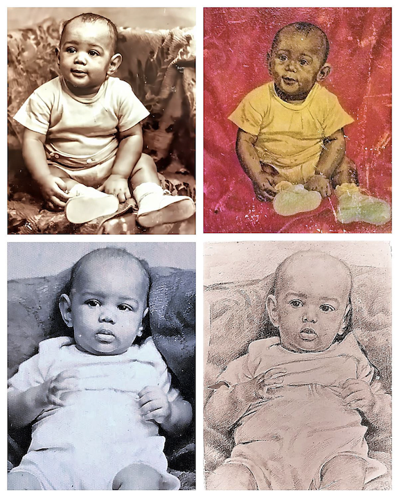 Photograph of baby James Killion, III with paintings made of him by German POWs in Killion’s stockade. Courtesy of the Killion Family