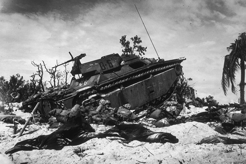 A Marine Corps amphibious tractor (LVT) on “Orange” beach at Peleliu
