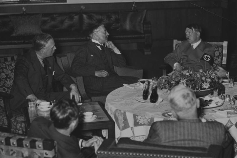 Neville Chamberlain and Adolf Hitler during the talks in Munich