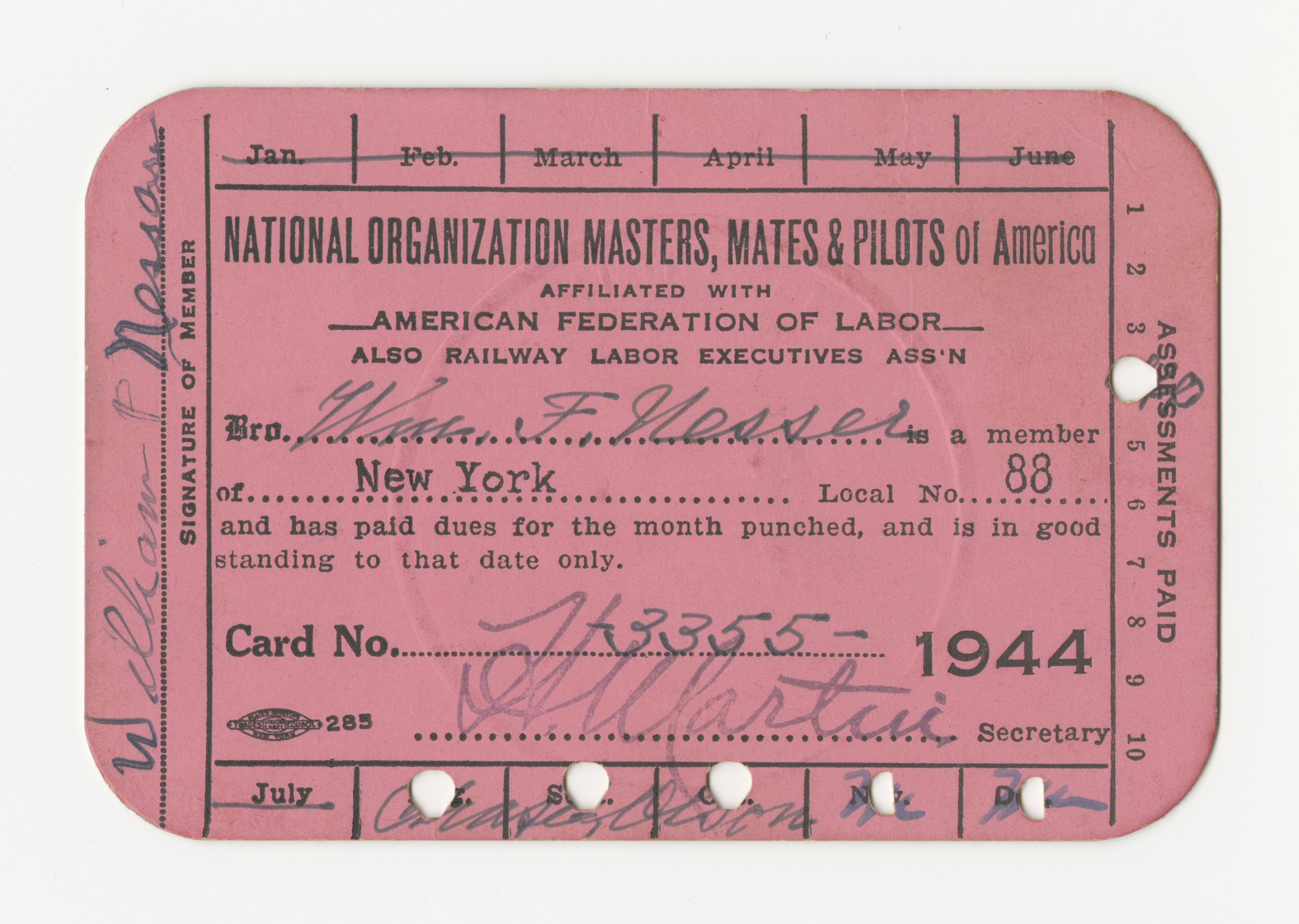 William Nesser’s membership card for the National Organization of Masters, Mates and Pilots of America