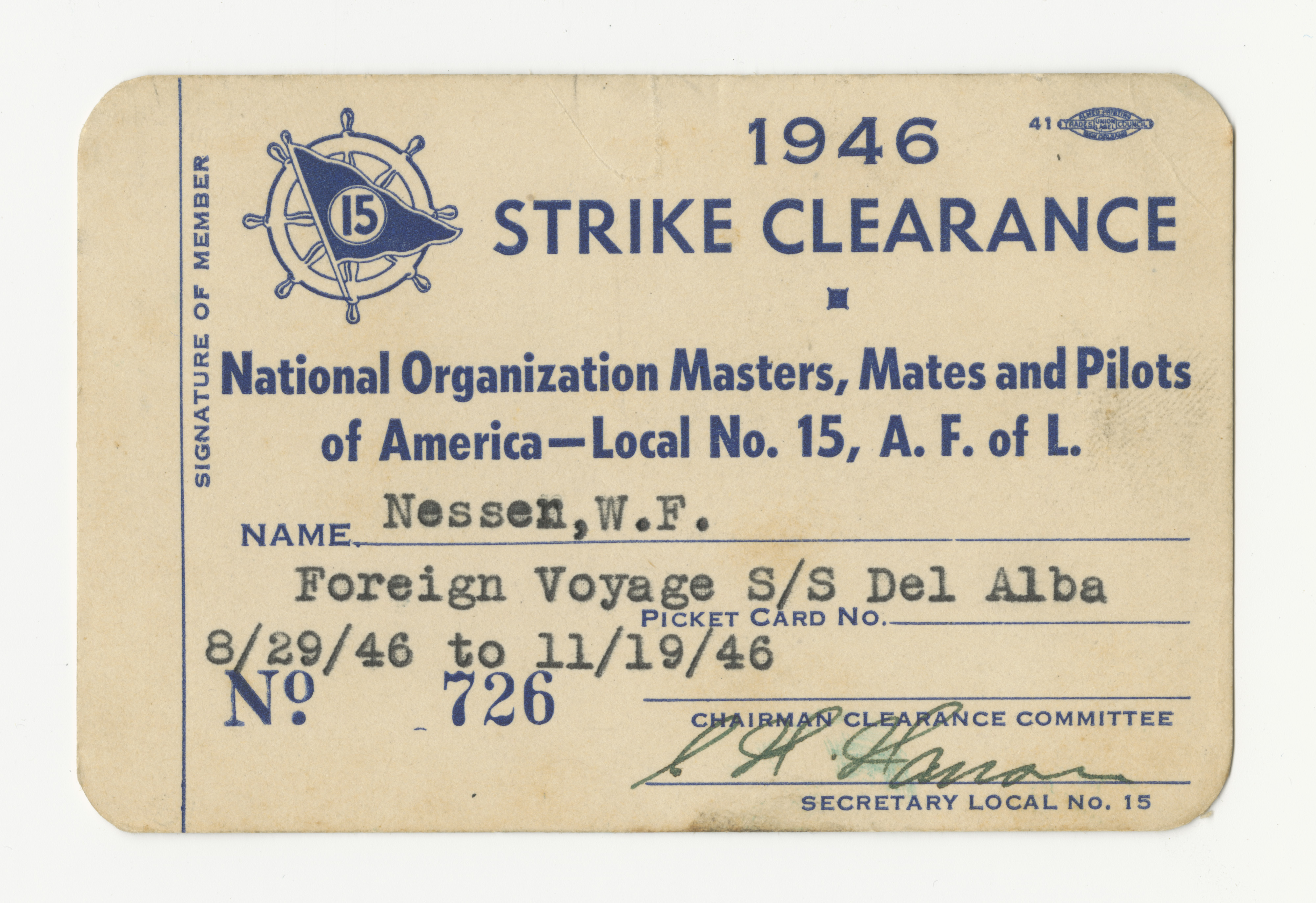 1946 Strike Clearance Card for William Nesser 