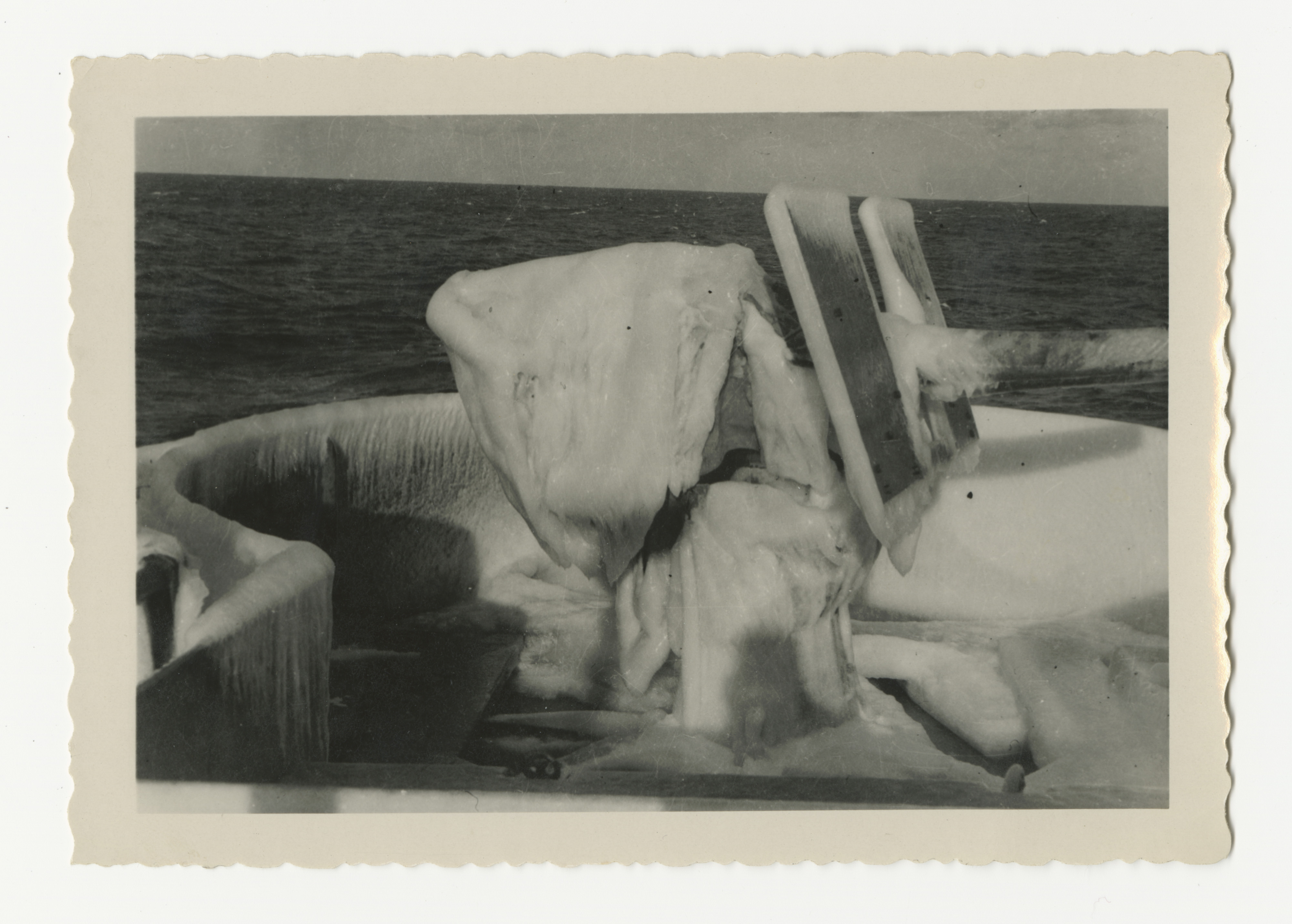 Gun tub coated in ice while sailing from Archangelsk