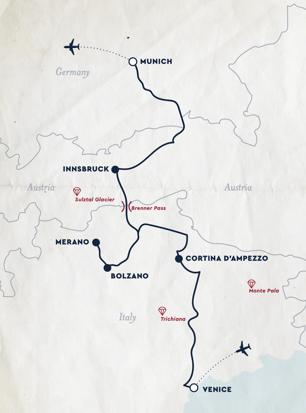 Brenner Assignment Itinerary Map | A tour through the Italian Dolomites and the Austrian Alps