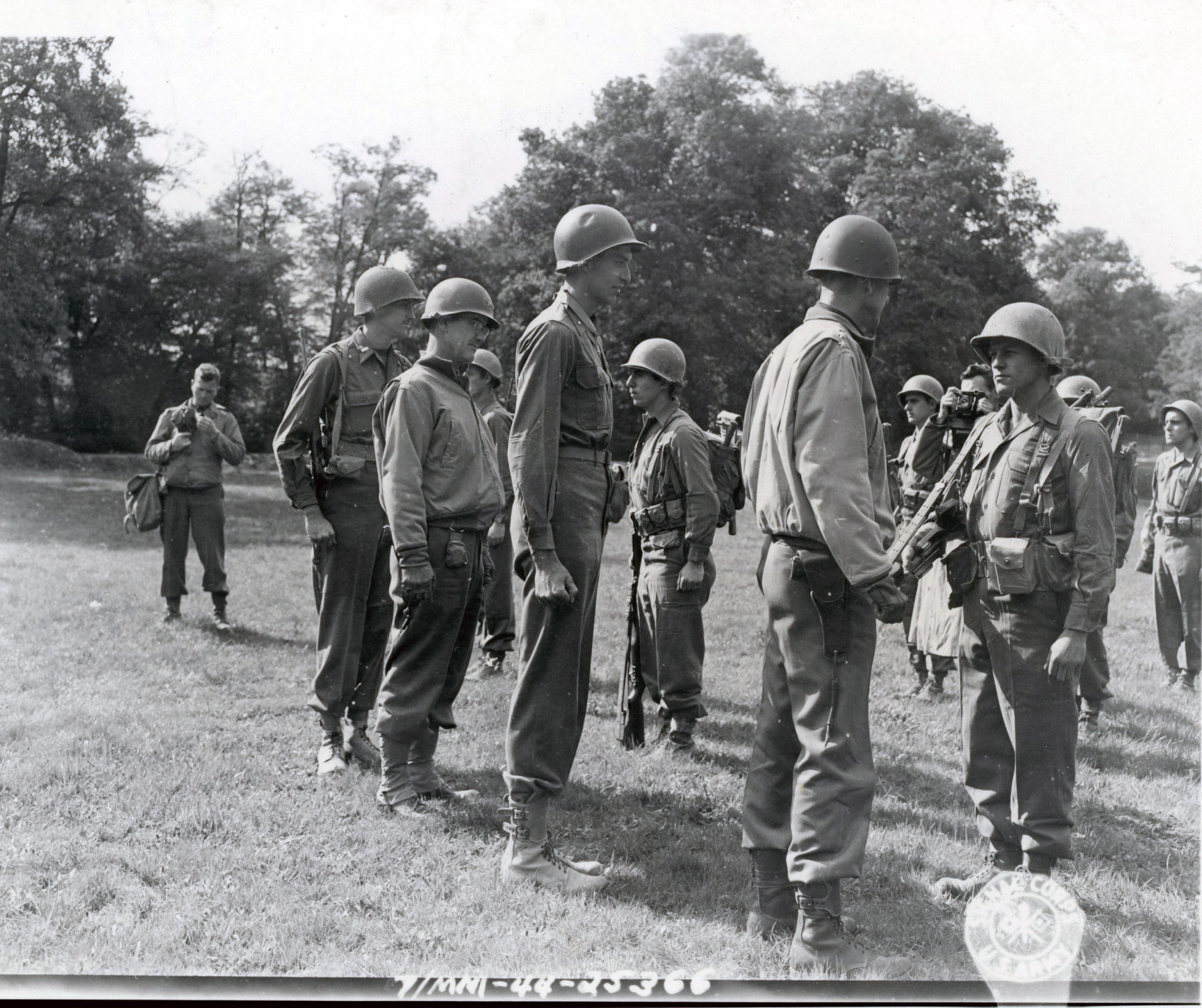 Lt. Gen. Alexander M. Patch, C.G., 7th Army, inspecting 1st Platoon, Co I, (157) Infantry