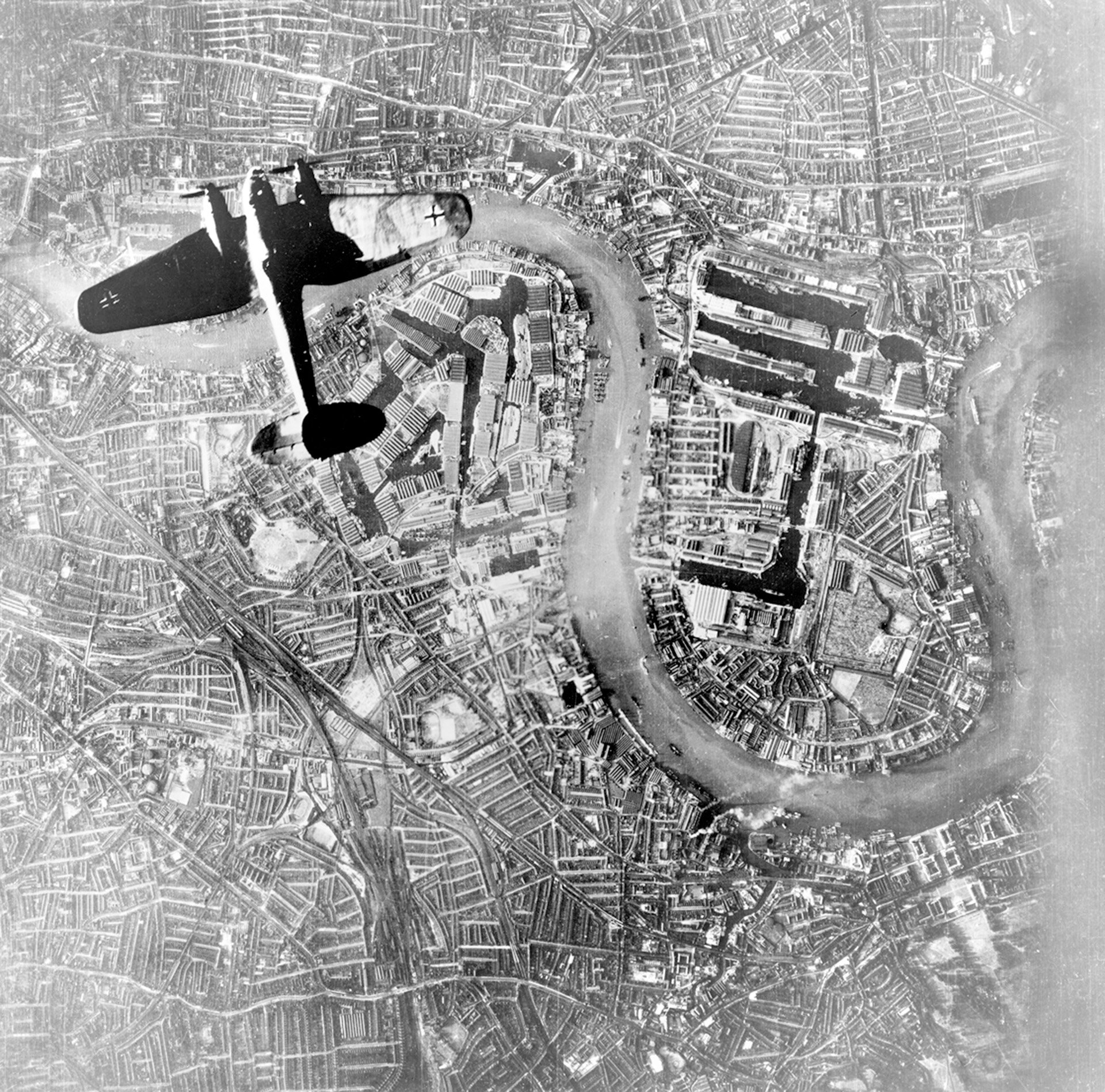  A German Luftwaffe Heinkel He 111 bomber flying over Wapping, London