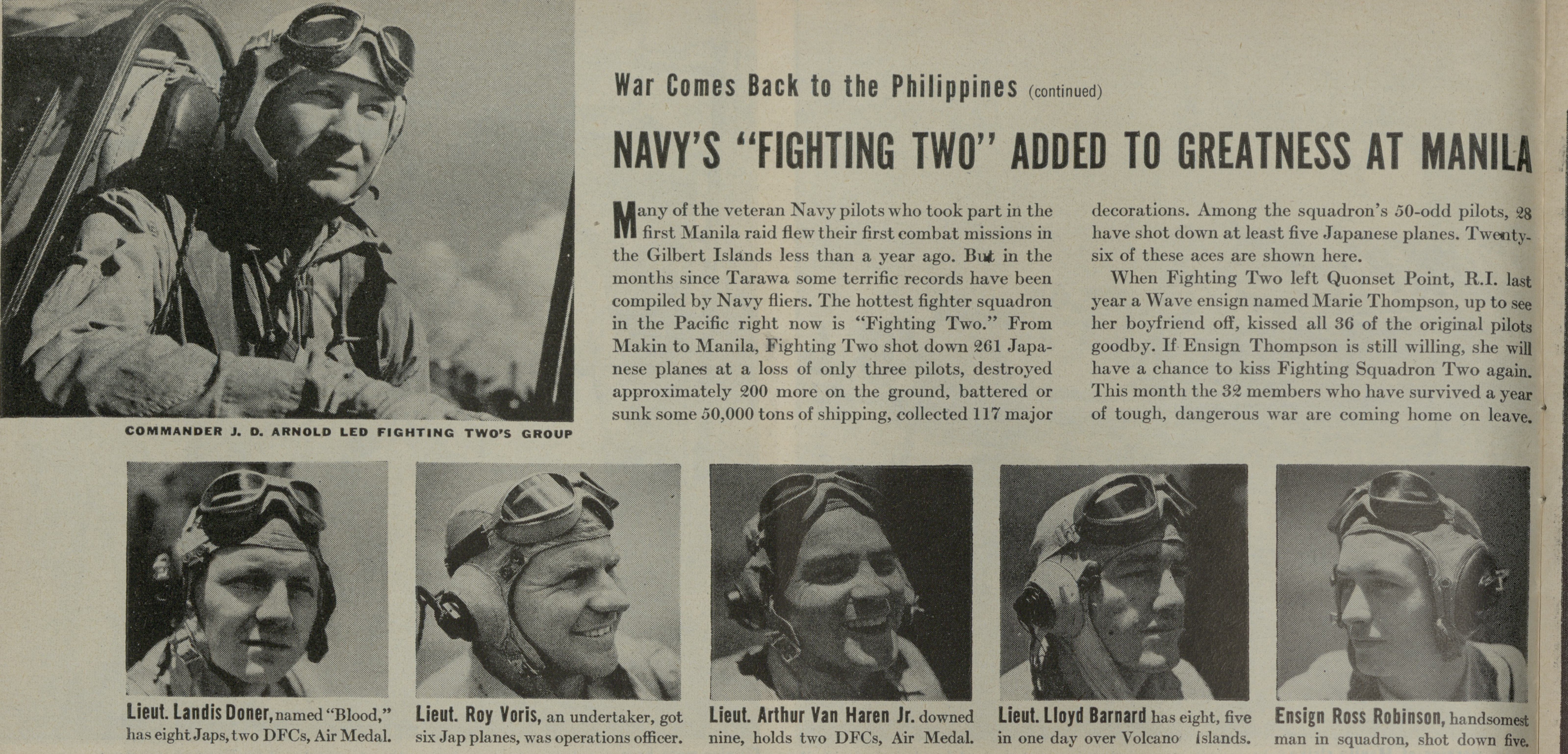 An October 1944 issue of LIFE magazine called VF-2 the “hottest fighter squadron in the Pacific.” Van Haren is pictured in the center. Gift of Tom Hermreck, 2002.417.001
