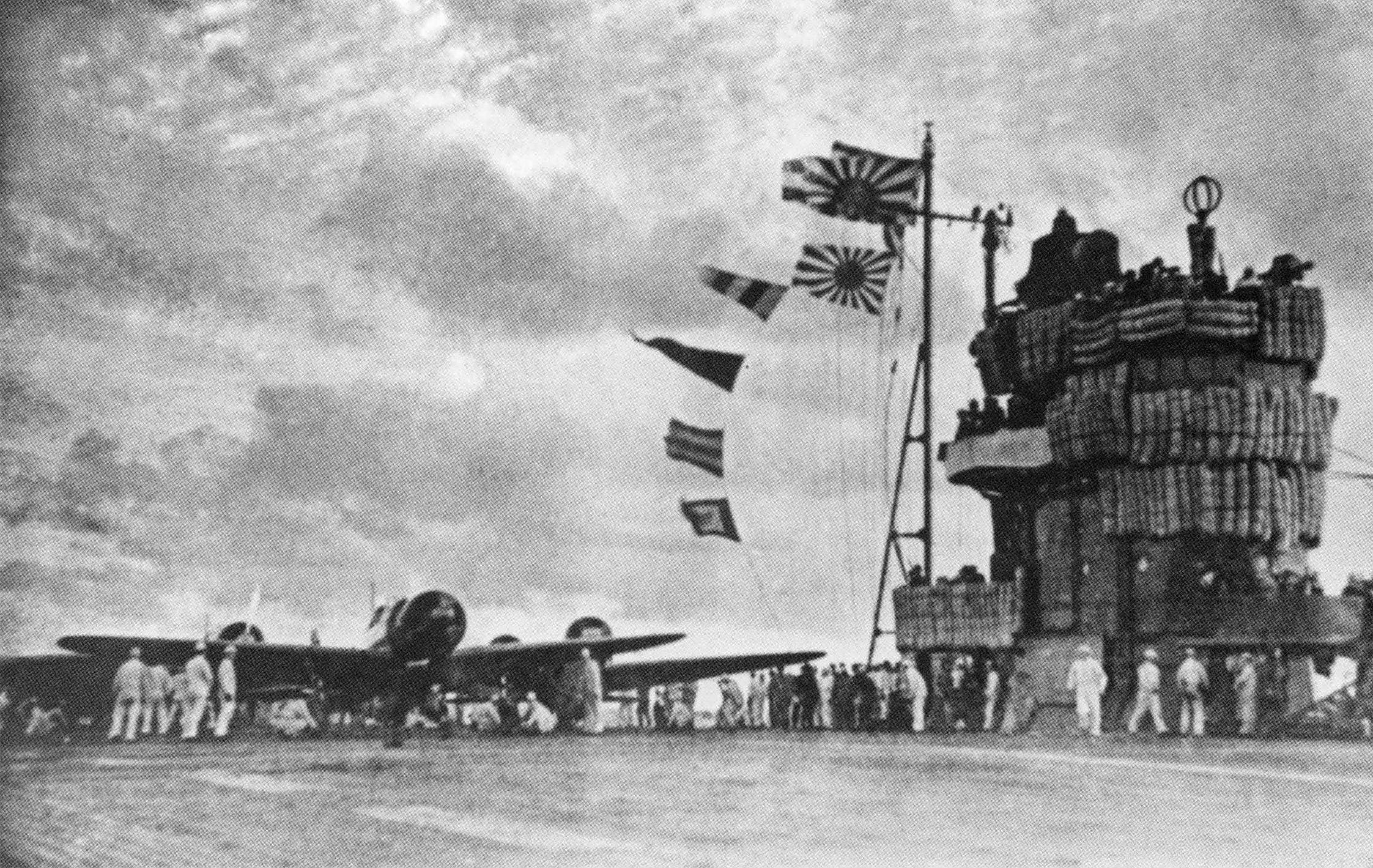 Aircraft are prepared for launch on the Imperial Japanese Navy aircraft carrier Akagi 