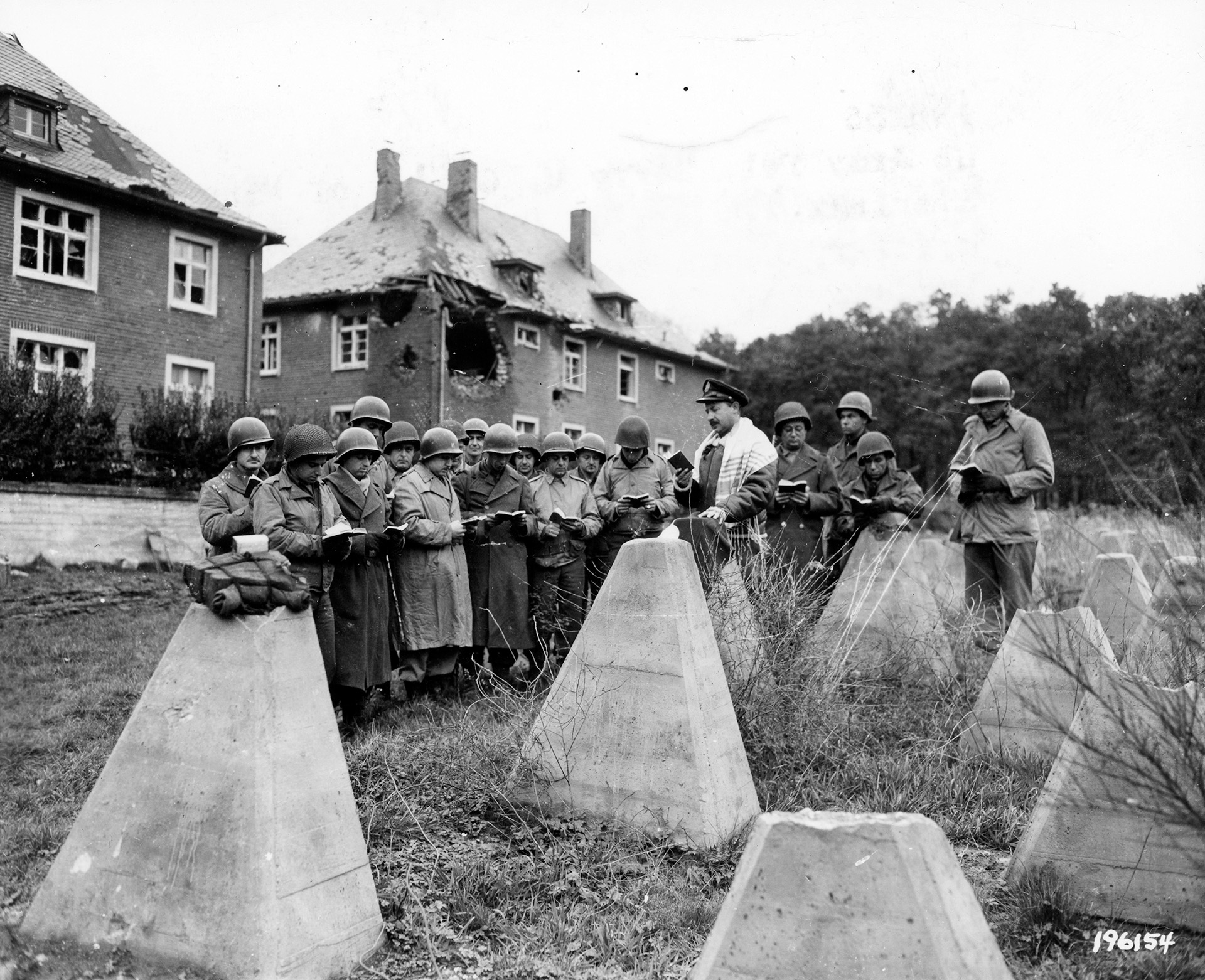 Capt. Robert S. Marcus conducts outdoor services at the Siegfried Line in Germany