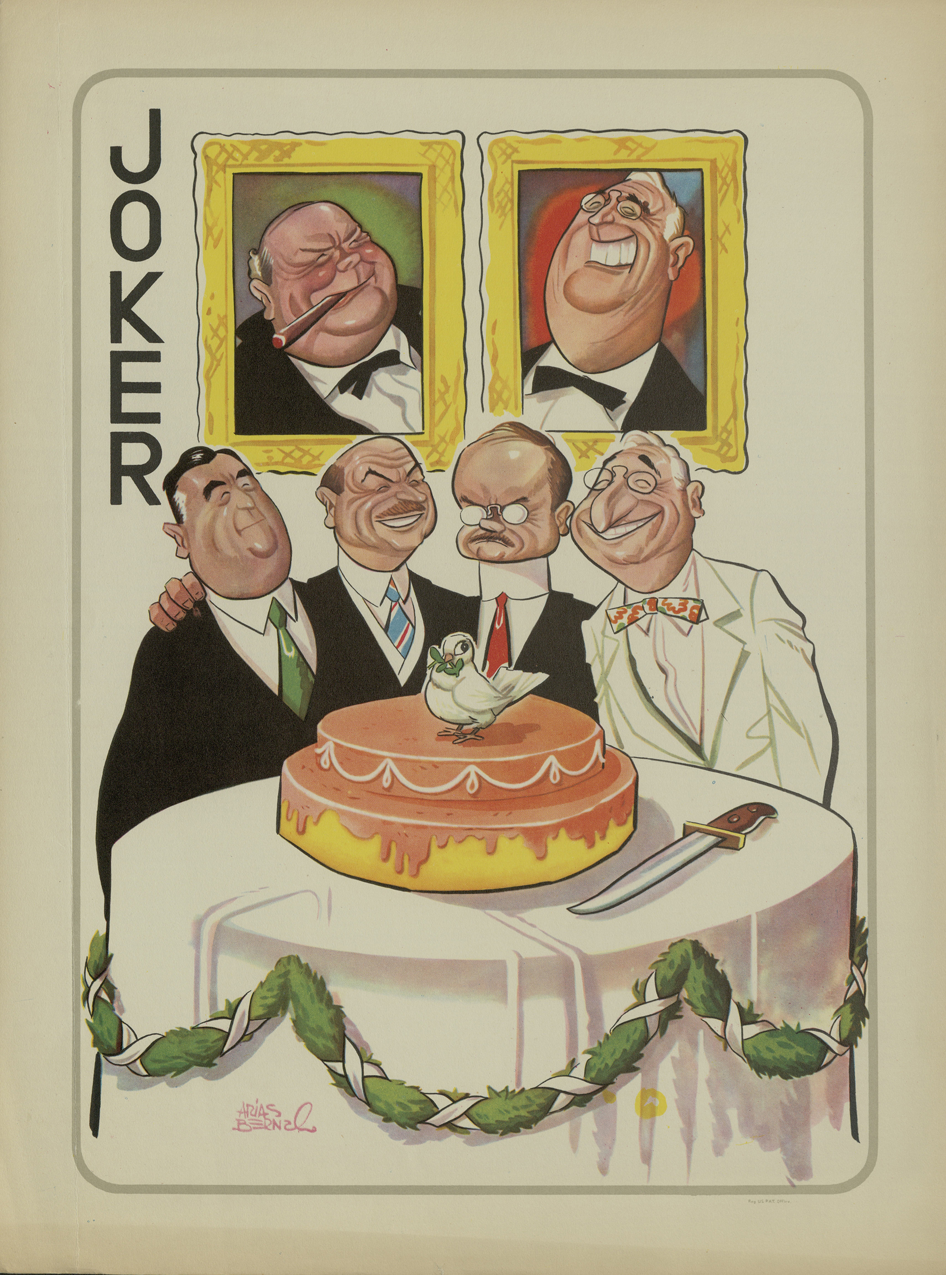Truman, Atlee, and Molotov gather at the Potsdam Conference with Churchill and Roosevelt watching over them from their frames above