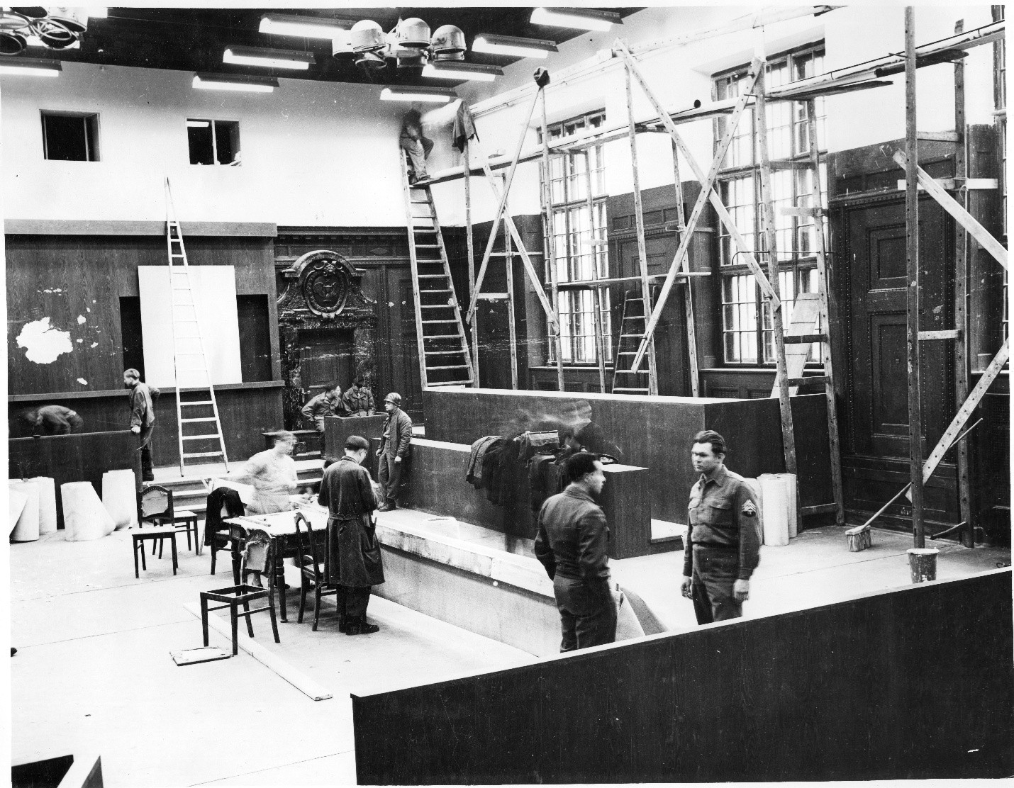 The courtroom at Nuremberg under construction for the IMT