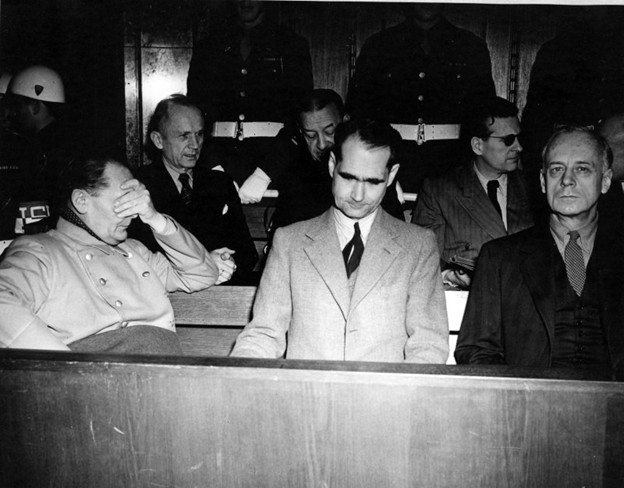 Hermann  Göring, Admiral Karl  Dönitz, Admiral Erich Raeder, Rudolf Hess, Baldur von Schirach, and Joachim von Ribbentrop at the Nuremberg War Crimes Trials