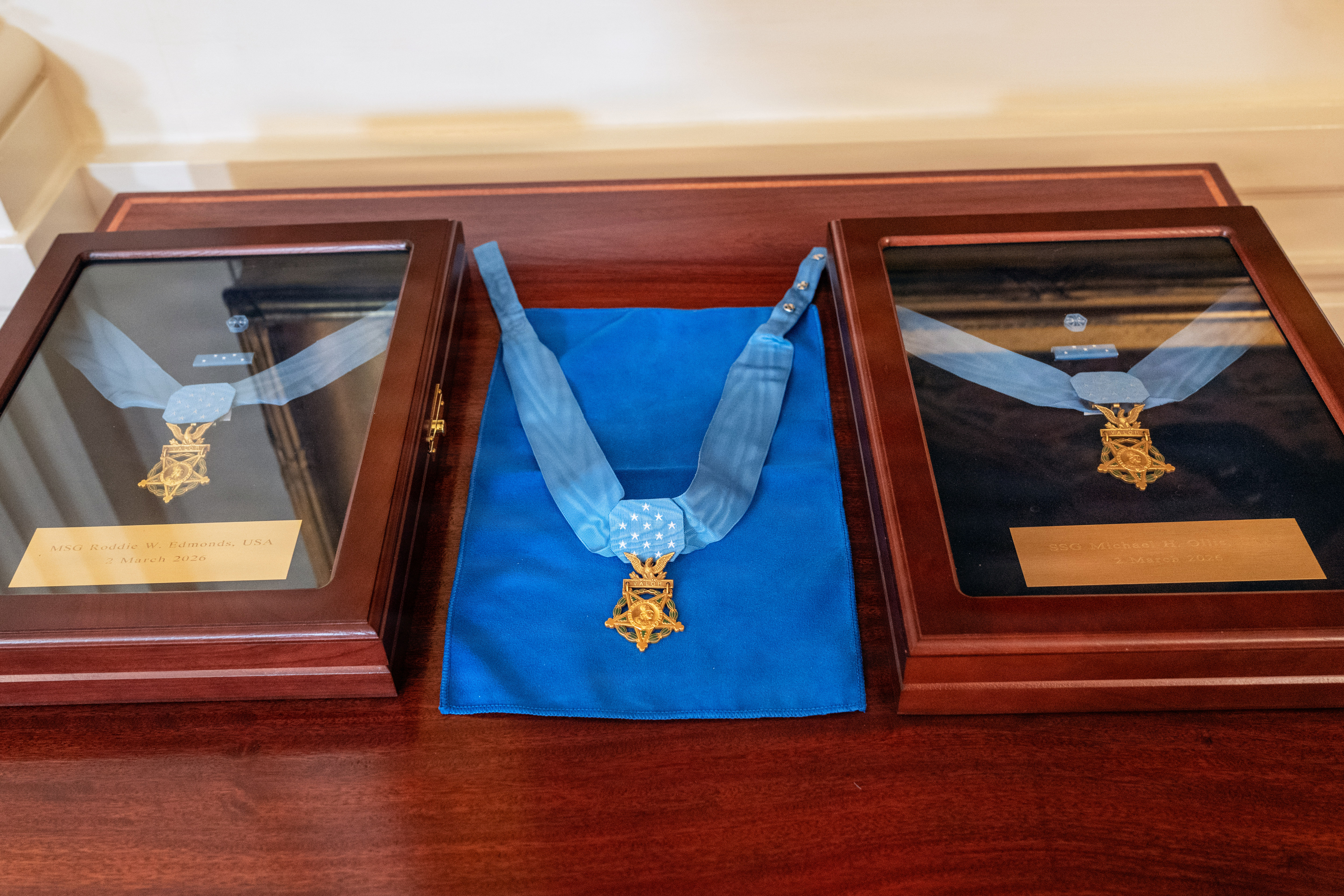 Three Medals of Honor are displayed in the East Room of the White House prior to a ceremony, March 2, 2026