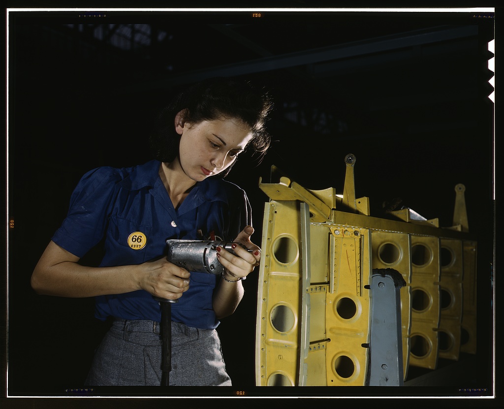 woman worker at Vultee-Nashville is shown working on the horizontal stabilizer