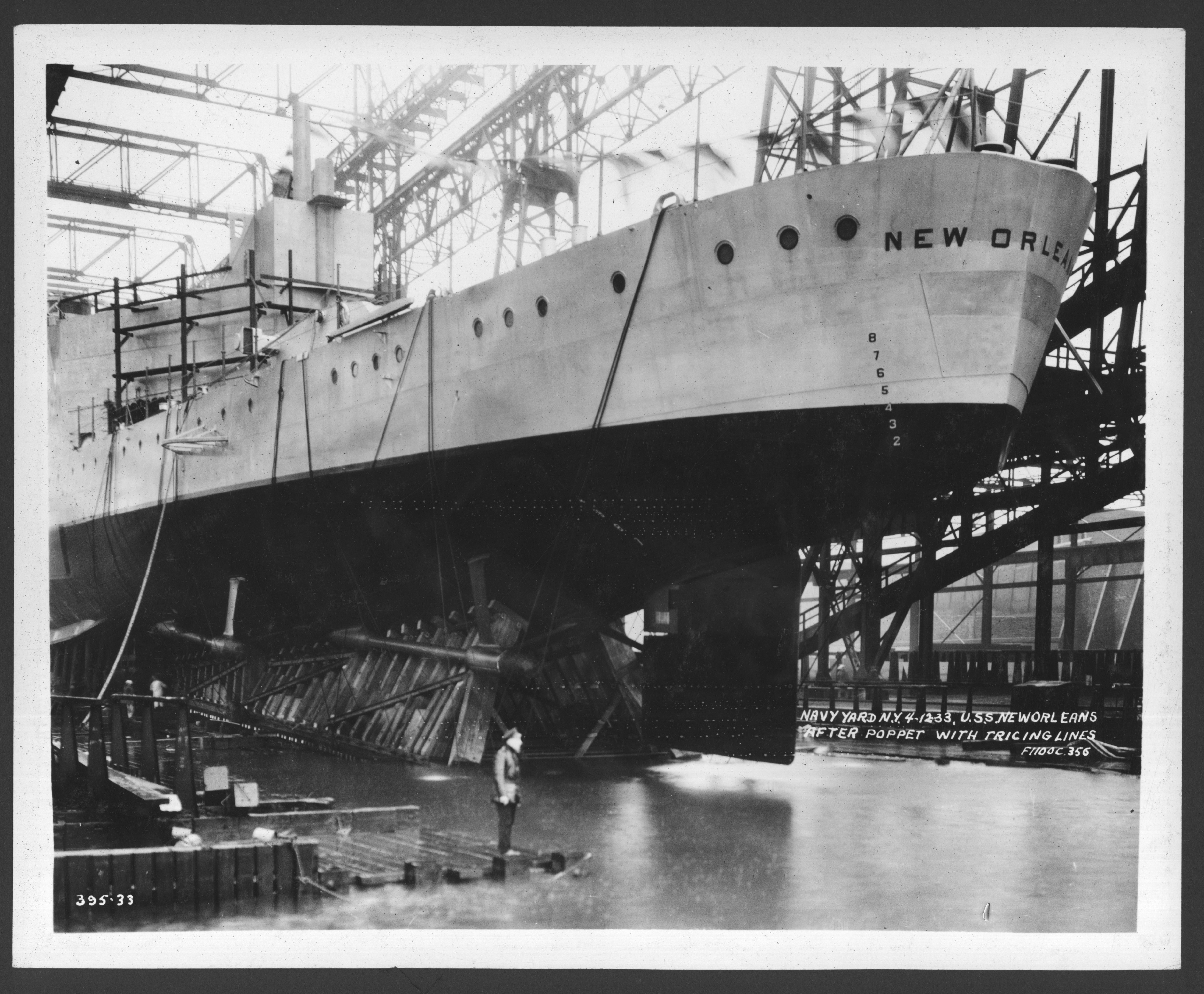 Crews ready the USS New Orleans for launch in 1933