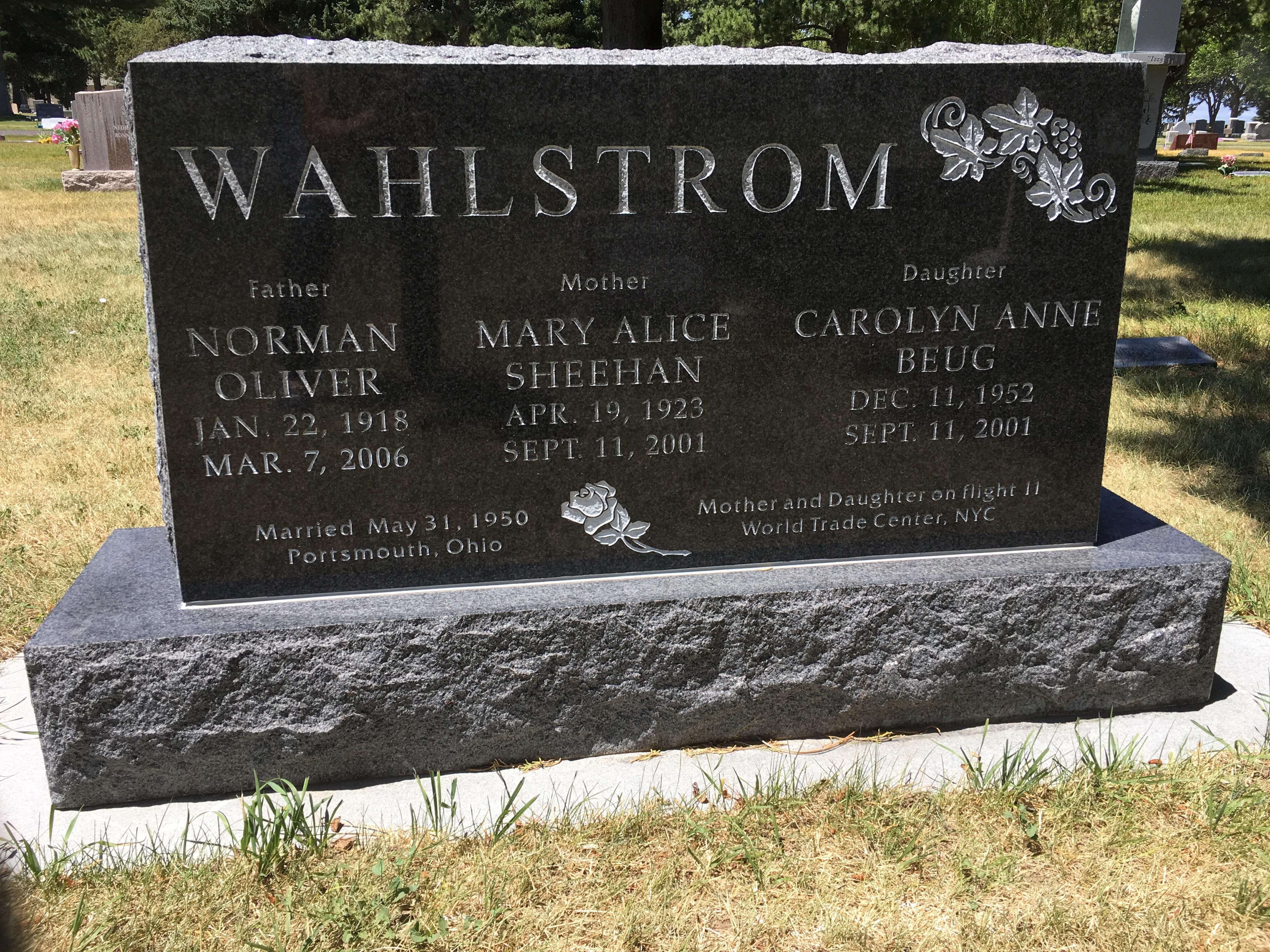 Memorial headstone for Norman Oliver Wahlstrom, Mary Alice Wahlstrom, and Carolyn Beug