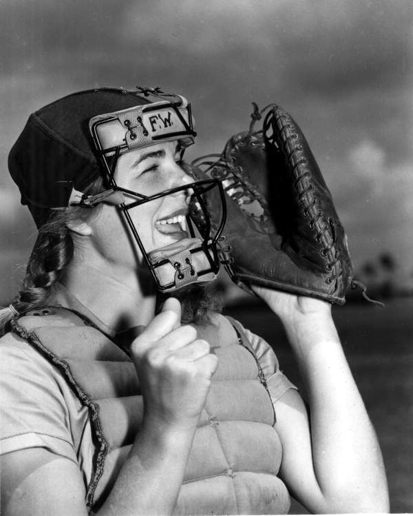 Dottie Schroeder, catcher, shouting "Play Ball"