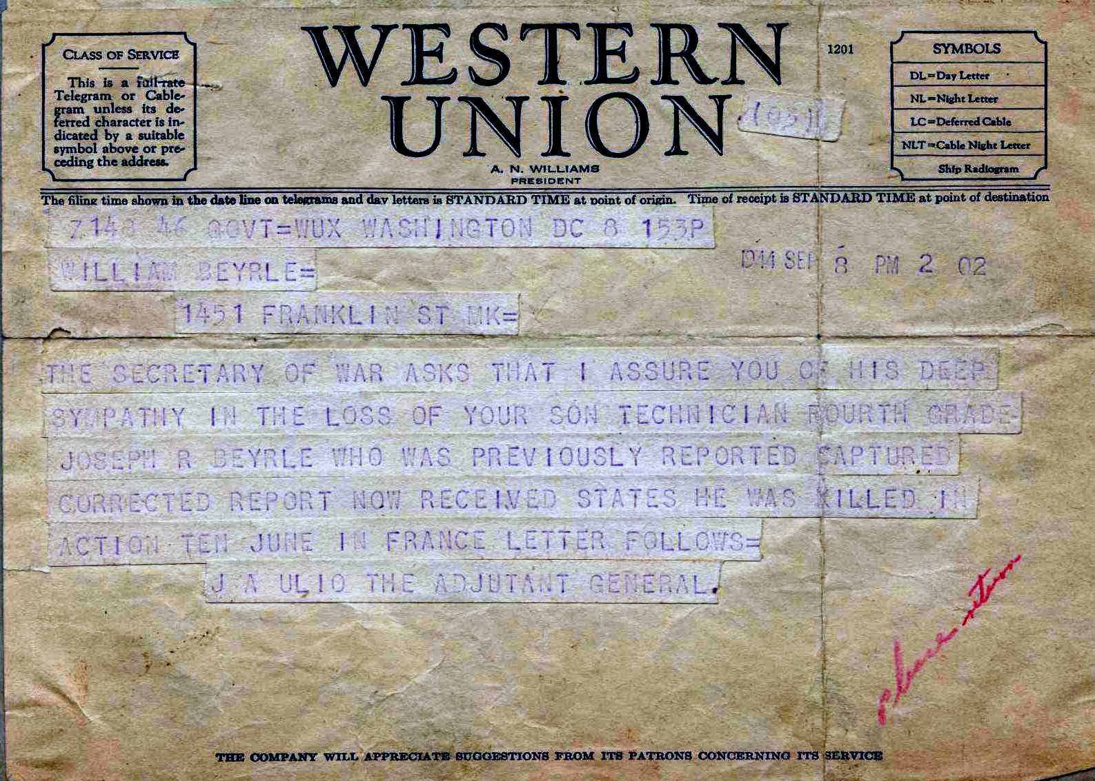 Scan of original War Department telegram received by Joe Beyrle's parents in Sept. 1944
