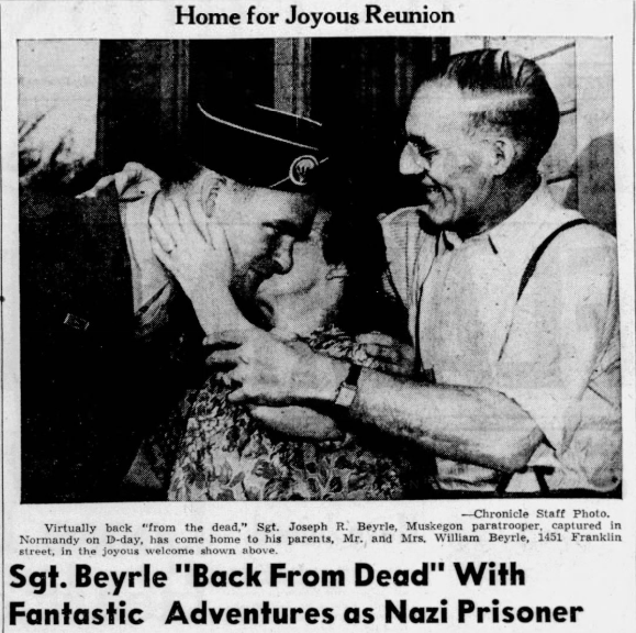 Newspaper clipping showing Joseph R. Beyrle reuniting with his family